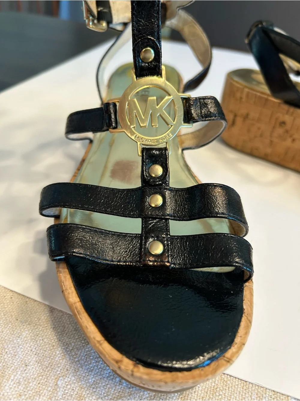 MICHAEL KORS Black Leather Wedge Sandals with Gold MK Logo